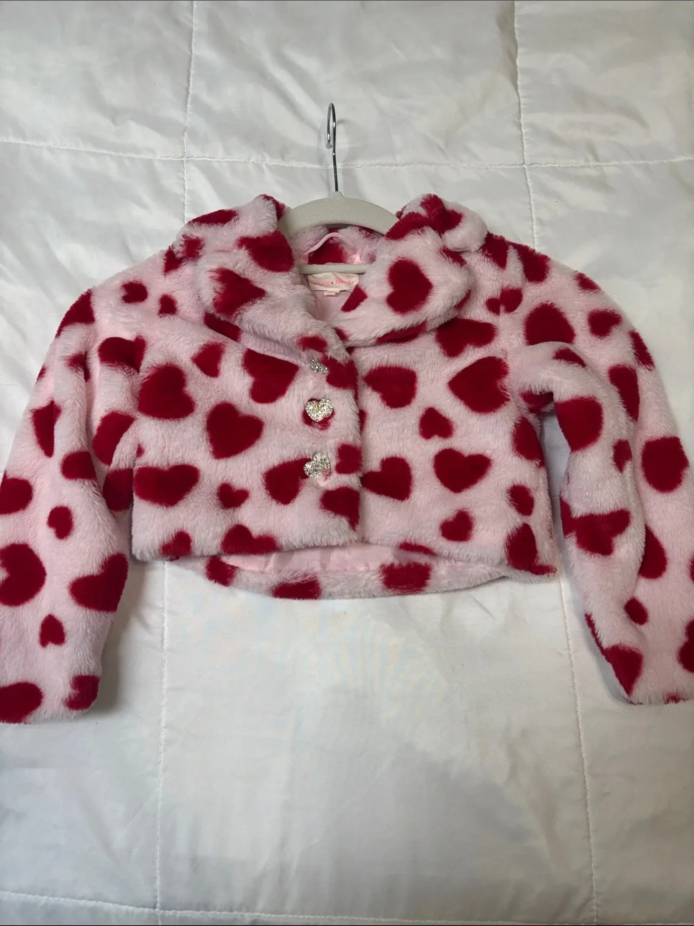 Girls Pink Faux-Fur Cropped Jacket with Red Heart Print